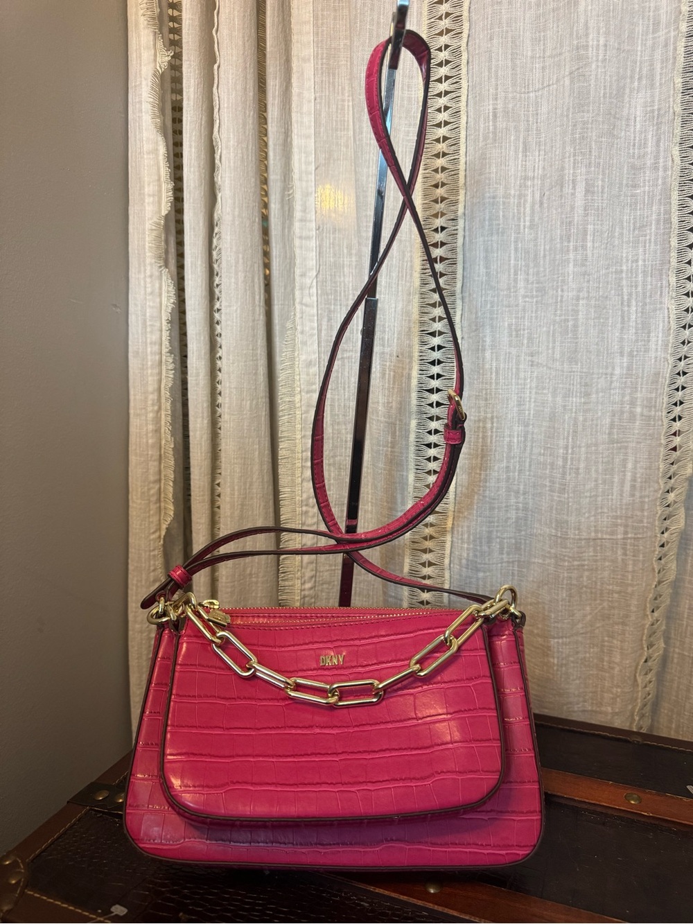 DKNY Hot Pink Croc-Embossed Crossbody Bag with Gold Chain Detail